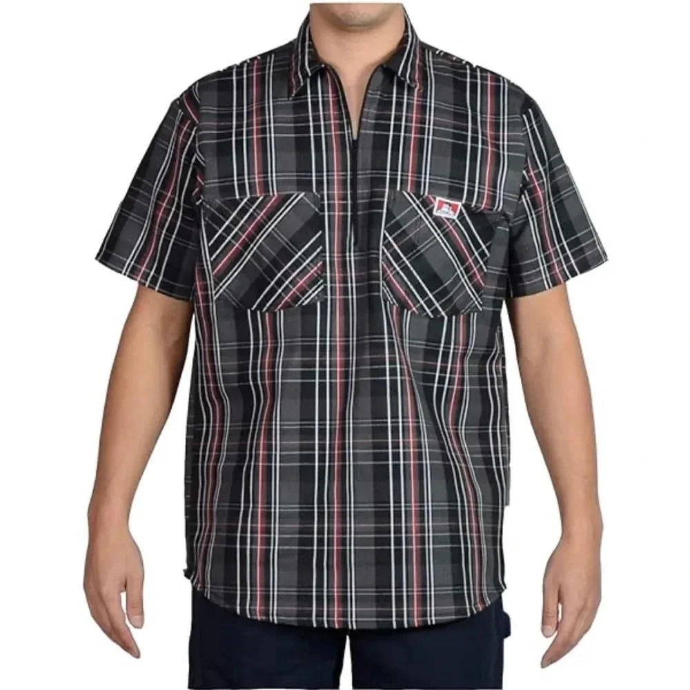 Ben Davis Men's XL Short Sleeve Plaid Cotton Blend Checkered 1/2 Zip Shirt